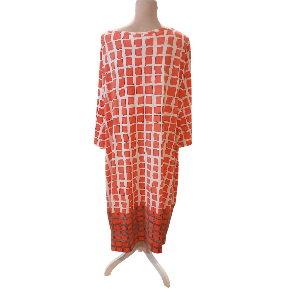 Liz Claiborne 3x Woman Dress Coral White Geometric Print 3/4 Sleeve Midi Stretch - Picture 6 of 12